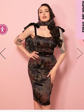 Vixen by Micheline Pitt Black Floral Midi Dress with Red Rose Print